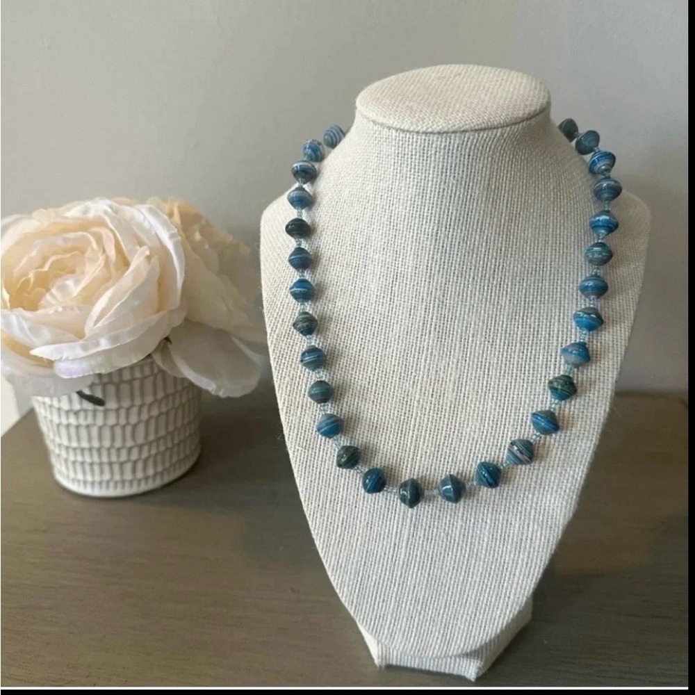 Boho chic teal Bead for Life Uganda African Recycled Paper Bead Blue Necklace